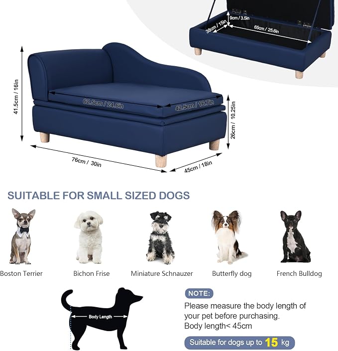 PU Leather Dog Sofa and Chair with Storage - Wooden Frame Cat Sofa Couch with Cushion,Small Pet Bed Sofa for Puppy and Cats (Blue)