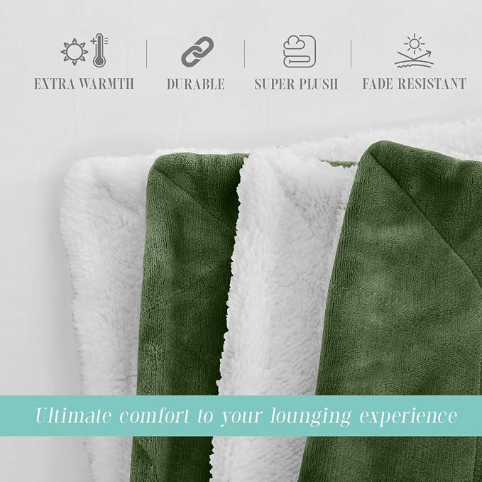 Elegant Comfort Throw Blanket, Reversible Sherpa Flannel, Ultra-Soft, Fuzzy, Cozy and Plush- All Season Lightweight Decorative Throw, 50 x 60 inches, Solid Sherpa Throw, Sage