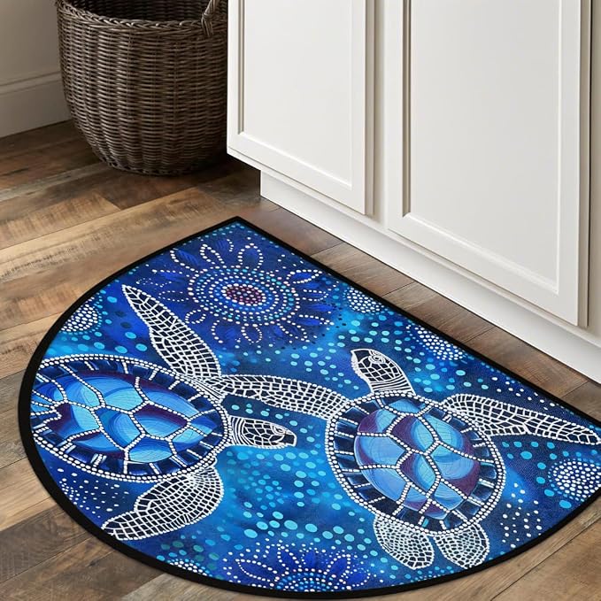 Turtle Animals Half Round Door Mat Non Slip Half Circle Rugs | Abstract Blue Washable Half Moon Rug Semi Circle Rugs Indoor Entrance Floor Carpet for Kithen Bedroom Fireplace Decor