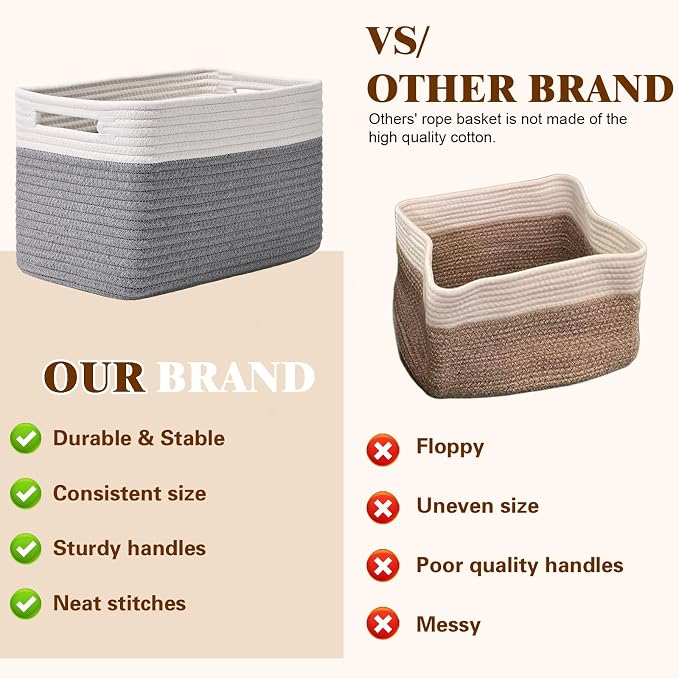 Storage Baskets for Organizing, 4 Pack Baskets for Shelves, Decorative Storage Bins for Shelves, Cotton Rope Storage Basket with Handles, Woven Basket for Storage, 13''Lx8.7''Wx7.9''H, White & Gray