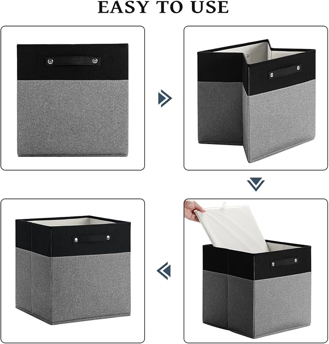 FinishingBo 13x13x13 Storage Cube Bins 4 Pack, Cube Shelf Baskets | Foldable Storage Cubes, Linen Storage Bins with Handles, Closet Organizers, Black/Gray
