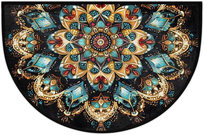 Mandala Boho Half Round Rug Half Moon Door Mat Half Circle Rugs | Ethnic Washable Non-Slip Semi Circle Rug Welcome Half Round Door Mat Indoor Entrance Kitchen Bedroom Living Room Decor