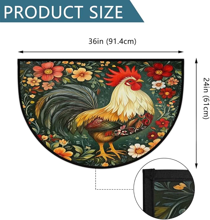 Rooster Half Round Doormat Semi Circle Rug Half Moon Rug Entryway Mat | Rooster Flower Washable Non Slip Outdoor Floor Rug Kitchen Mat for Indoor Outdoor Bathroom Fireplace Bath Decor