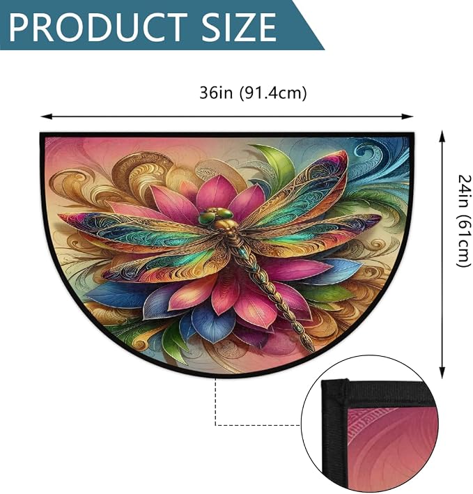 Dragonfly Half Round Rug Half Moon Door Mat Half Circle Rugs | Rainbow Art Washable Non-Slip Semi Circle Rug Welcome Half Round Door Mat Indoor Entrance Kitchen Bedroom Living Room Decor