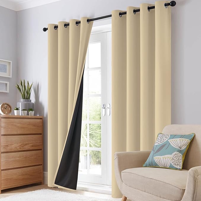 SimpleHome 100% Blackout Curtains for Bedroom,Thermal Insulated Beige Grommet Window Drapes Room Darkening Curtains for Living Room with Black Back,52 x 36 Inch,2 Panels