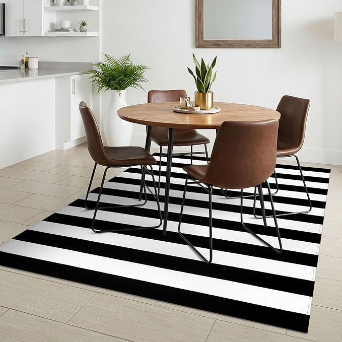 KILOCOCO Black White Striped Rug 4x6 ft Front Door Mat Outdoor Washable Rug