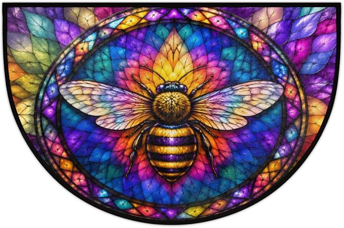 Pardick Bee Half Round Door Mat Welcome Entrance Mat Bath Bathroom Rug A7 | Bee Glass Painting Welcome Entrance Mat Anti-Slip Half Moon Bath Mat Semi Circle Rug Indoor Outdoor Kitchen Rug