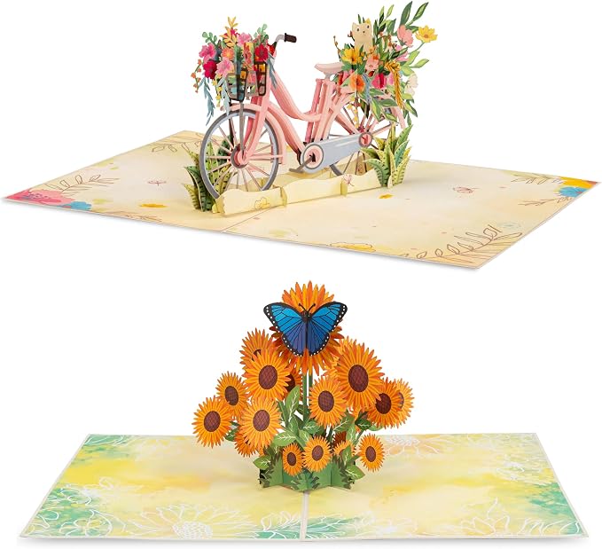 Paper Love Pop Up Cards 2 Pack - Includes 1 Spring Flower Bike and 1 Sunflower, For All Occasions, Mother Day, Birthday, Just Because- Includes Envelope and Note Tag