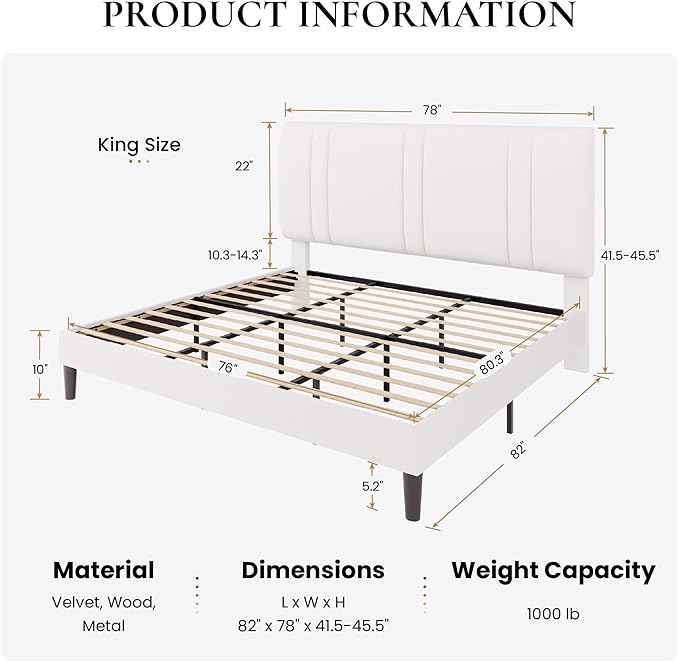 SHA CERLIN King Size Velvet Bed Frame with Adjustable Headboard, White | Vertical Channel Tufted Design, Upholstered Platform Bed, Wood Slats Support/No Box Spring Needed/Easy Assembly