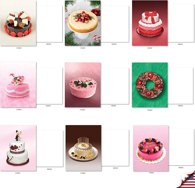 The Best Card Company - 36 Assorted Blank Notecards Bulk Box Set 4 x 5.12 Inch with Envelopes (36 Designs, 1 Each) Friendship Birthday Card Variety Pack - Cakes for All Seasons AM7074OCB-B1x36