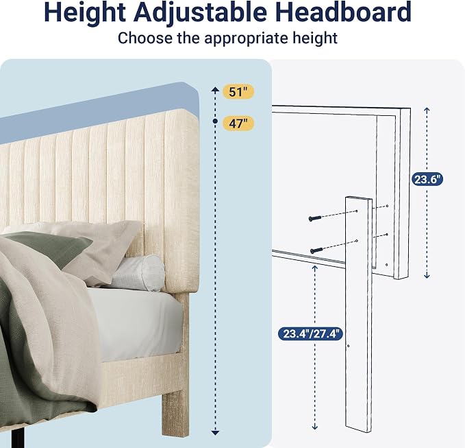 Allewie Full Bed Frame, Upholstered Platform Bed with Adjustable Vertical Channel Tufted Headboard, Mattress Foundation with Strong Wooden Slats, Box Spring Optional, Easy Assembly, Chenille White
