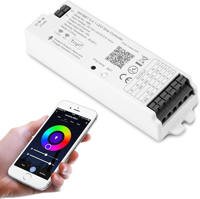 WB5 RF WiFi Bluetooth LED Strip Controller RGB CCT RGBW 5in1 Dimmable Compatible with Smart Life APP/Alexa Echo/Google Assistant Home/Siri, DC12-24V Lights Controller | PWM Dimmer Compatible with Tuya Smart / Smart Life APP / Alexa Echo / Google Assist...