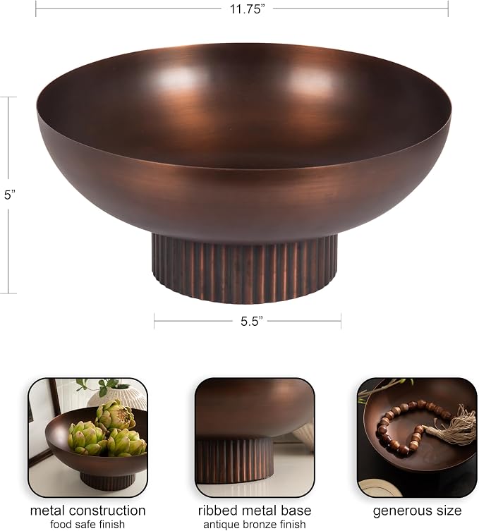 Kate and Laurel Rooks Ribbed Decorative Metal Bowl, 12 Inch Diameter, Bronze, Vintage Raised Fruit Bowl for Kitchen Counter or Use as a Key Bowl for an Entryway Table