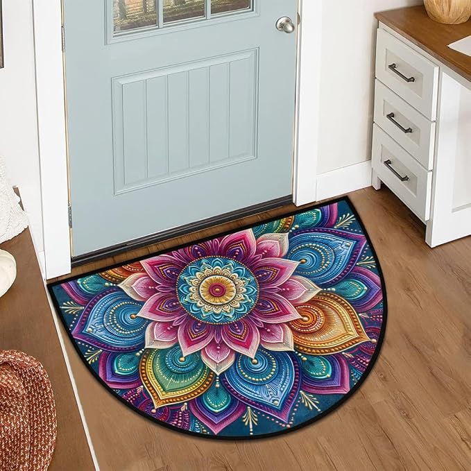 Flower Half Round Door Mat Semi Circle Rug Half Moon Doormat | Soft Washable Colorful Mandala Welcome Entrance Mat for Outdoor Indoor Floor Bedroom Bathroom Home Kitchen Festival Decor