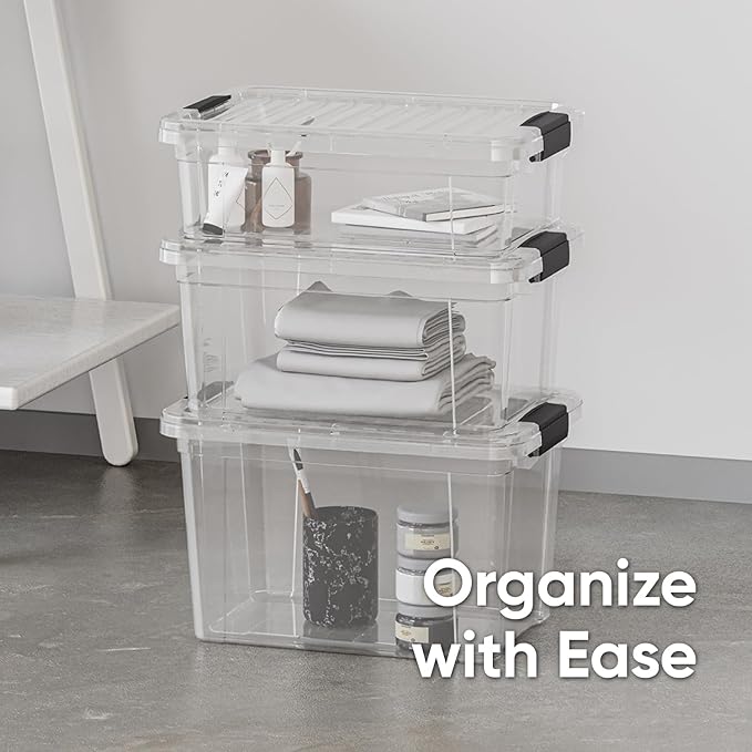 Superio Storage Bins with Lids- 6 Pack, 6.6 Qt Clear Boxes for Organizing, Stackable Plastic Containers- BPA Free, Non-Toxic, Odor Free, Organizer for Home, Office, Dorm