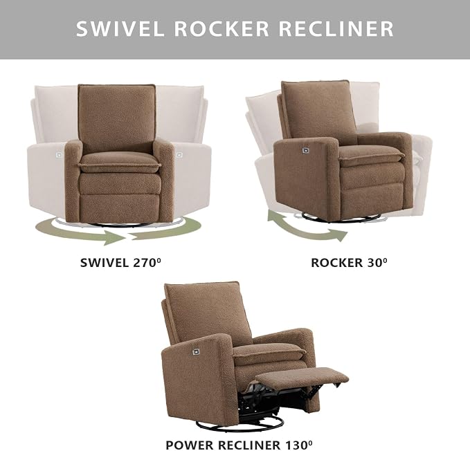 Oxford Baby Uptown Power Glider Recliner Rocking Chair 270° Swivel for Nursery and Living Room, Teddy Brown, Green Guard Gold Certified