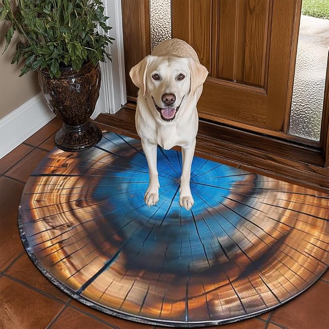 Fchen art Vintage Wood Grain Blue Half Round Door Mat – Non Slip Washable Welcome Mat for Indoor/Outdoor Use, Durable Absorbent Doormat for Home Kitchen Entryway Restaurant Office, 17x30 Inches