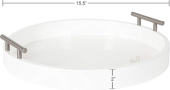 Kate and Laurel Lipton Modern Round Tray, 15.5 inch Diameter, White and Silver, Decorative Accent Tray for Storage and Display