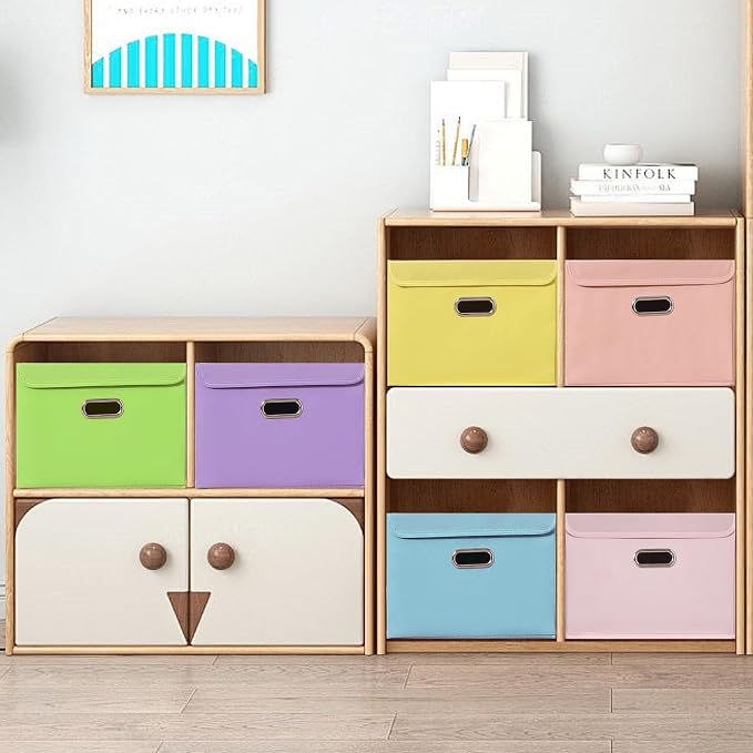 STOREONE Fabric Storage Cube Bins Foldable Organizer Container Collapsible Basket with Lids and Metal Handles, for Home, Bedroom, Closet 3 Pcs (multicolour-green)