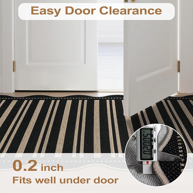 Striped Easy Jute Outdoor Patio Rug, 3x5 Washable Rugs for Entryway Indoor Outdoor Living Room Area Rug, Farmhouse Non Slip Black Carpet for Backyard Bedroom Porch