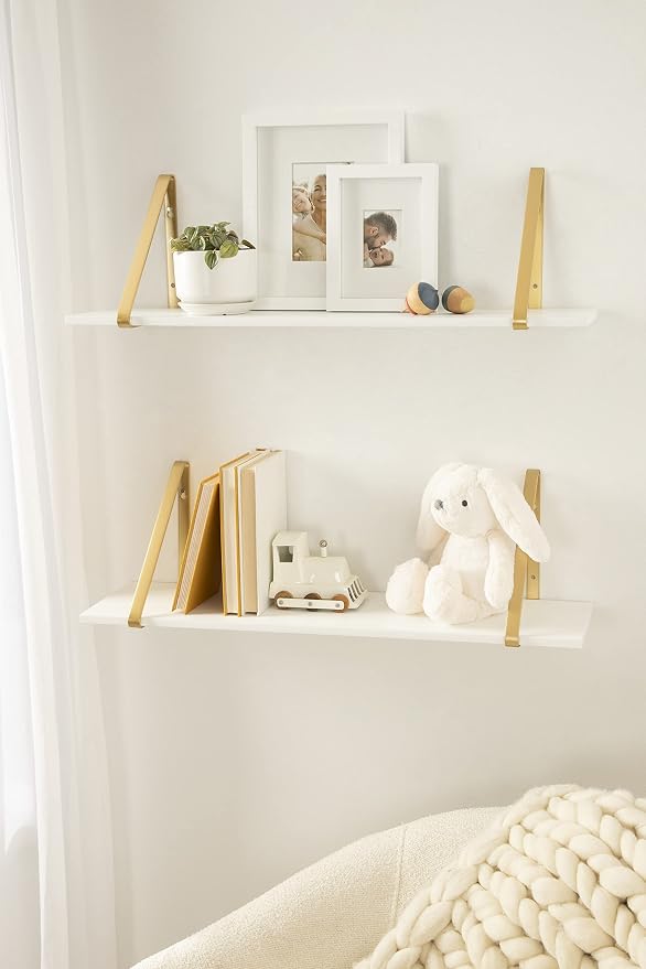 Kate and Laurel Soloman White Wooden Shelves with Gold Metal Brackets, 2 Piece Set