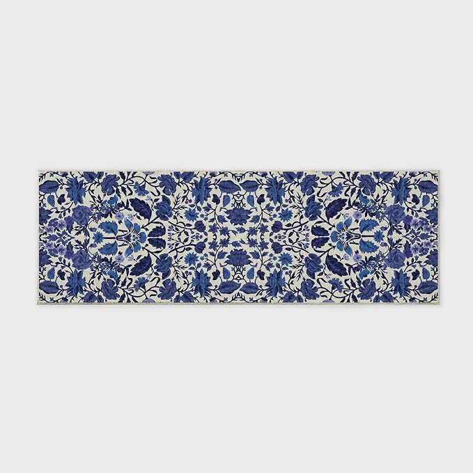 EVERGRACE Hallyway Area Runner Rugs 2x6, Boho Floral Faux Wool Indoor Outdoor Rugs, Washable Rugs for Bedroom Bathroom Living Room Kitchen, Low Pile Floor Mat Carpet for Home Decor, Celtic Blue