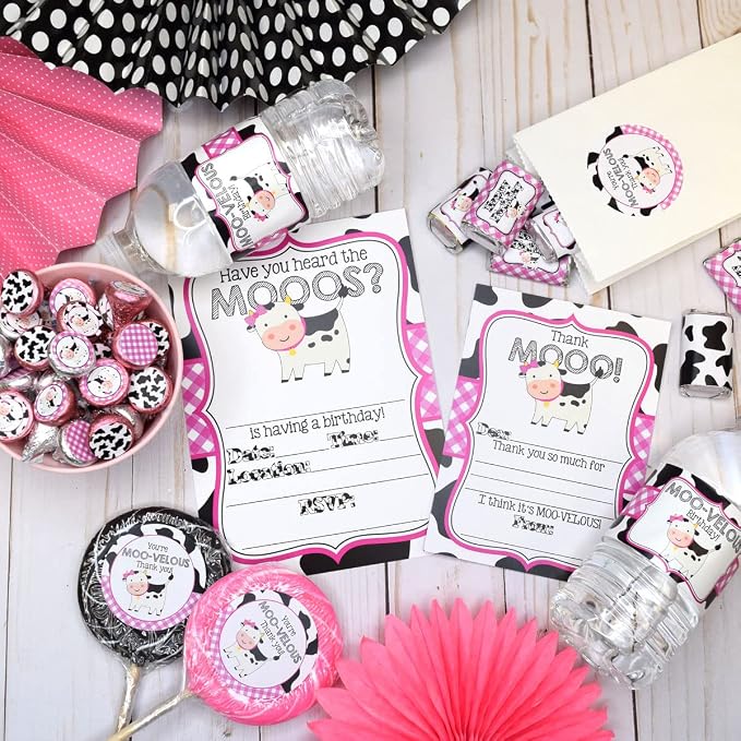 Amanda Creation Deluxe Heard the Moos Pink Cow Birthday Party Bundle Includes 20 Invitations & Thank You Cards with Envelopes + Stickers, Mini Candy Bar Wrappers, & Water Bottle Labels!