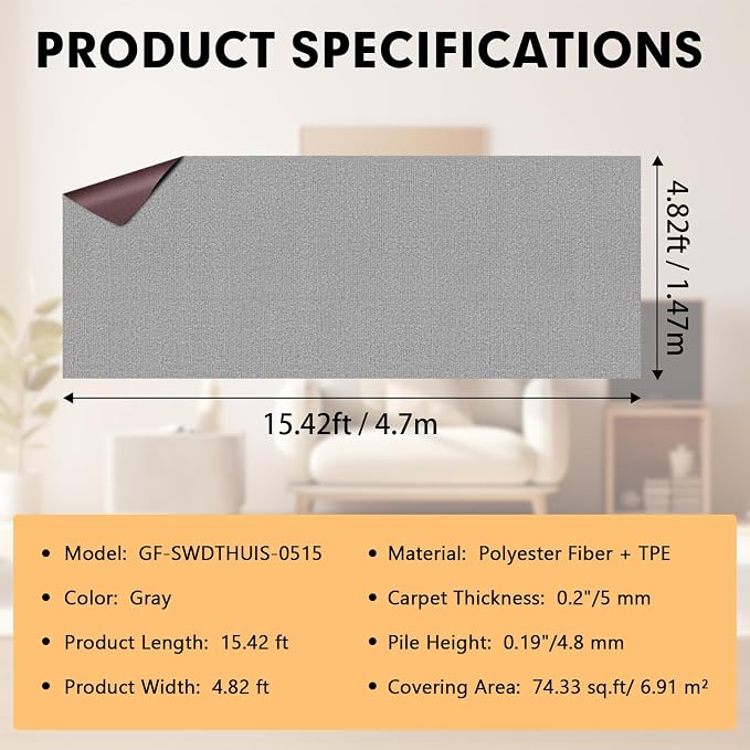 Grefinity Marine Carpet,5 FT x 15 FT Gray Indoor Outdoor Carpet 0.2" Thick Boat Rug with Water-Proof TPE Backing for Home, Patio, Porch, Deck