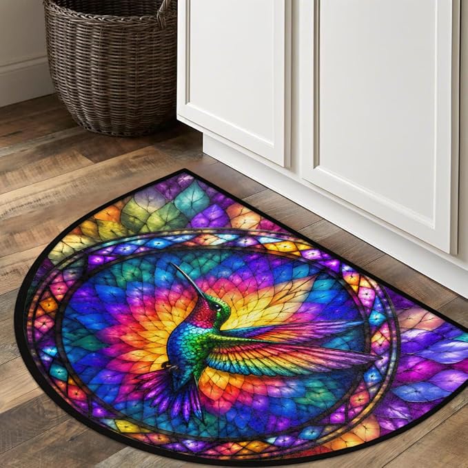 Hummingbird Half Round Door Mat Welcome Entrance Mat Bath Bathroom Rug A6 | Hummingbird Glass Painting Welcome Entrance Mat Anti-Slip Half Moon Bath Mat Semi Circle Rug Indoor Outdoor Kitchen Rug