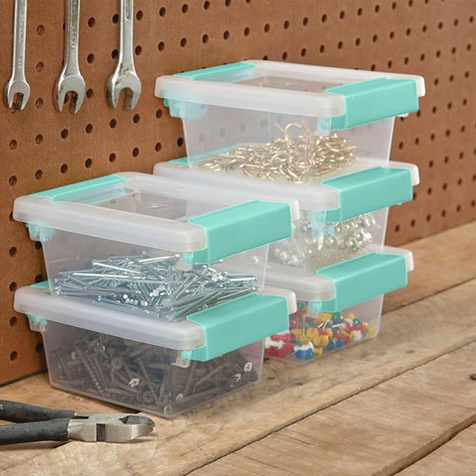 Sterilite Mini Clip Box, Stackable Small Storage Bin with Latching Lid, Plastic Container to Organize Office, Crafts, Clear Base and Lid, (Pack of 6) | Storage Containers with Latching Lids for Writing, Arts or Crafts Supplies - Home, Office, Classroom...