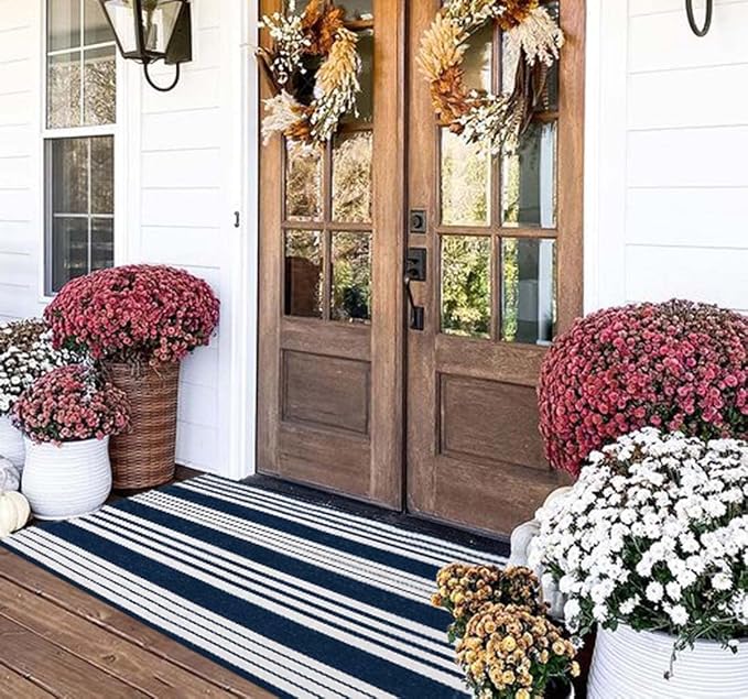 Blue and White Striped Rug 24'' x 51''Outdoor Front Porch Rug Cotton Woven Machine WashableLayered Door Mats for Entryway/Bedroom/Outdoor
