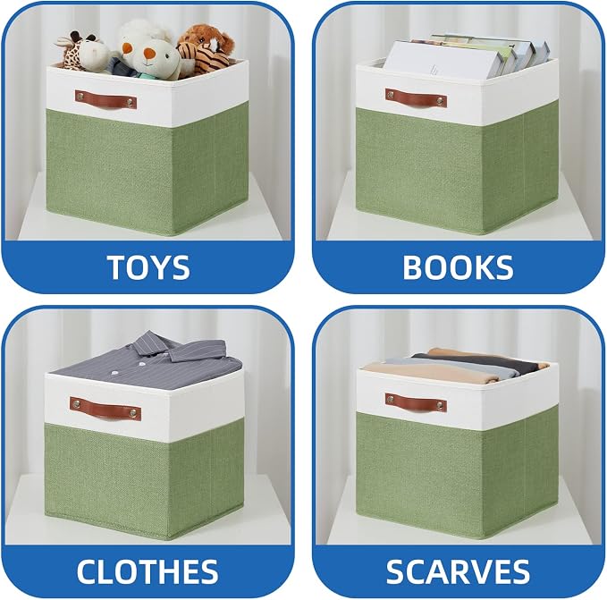 Temary 13 Inch Cube Storage Bin 4 Pack Fabric Storage Cubes Fabric Storage Bin for Shelf, Cube Storage Basket with Leather Handles(White&Green)