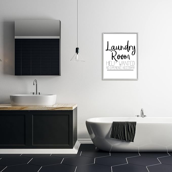 Stupell Industries 'Help Wanted Laundry Room Sign Bold Black White', Framed Giclee Art, Gray, 24 x 30 Inches, Easy to Hang and Sturdy, Made in USA, by Kim Allen