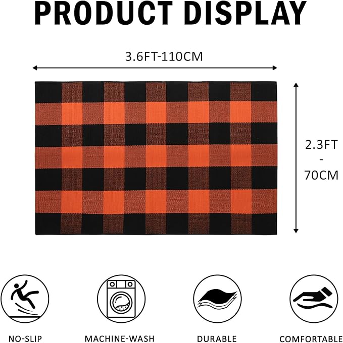 Buffalo Plaid Outdoor Rug 27.5" x 43" Orange and Black Checkered Area Rug Halloween Washable Doormats Fall Indoor Outdoor Rugs for Layered Front Door Mats, Porch, Entryway, Kitchen, Farmhouse