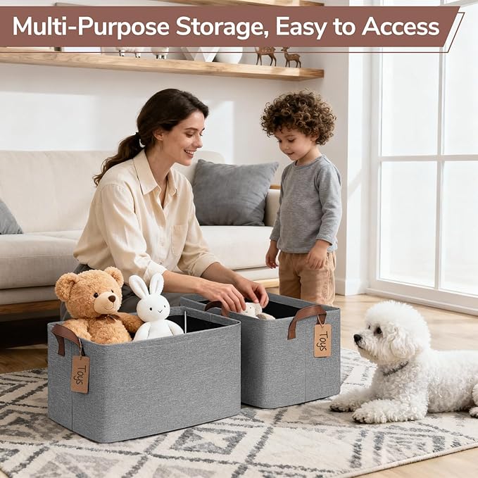 CHICVITA 4 Pack Large Foldable Storage Baskets for Shelves, Gray | 16.8 × 11 × 9.8 in, Metal Frame, Leather Handles, Clothes, Toys & Towels Storage, Nursery & Living Room Organization