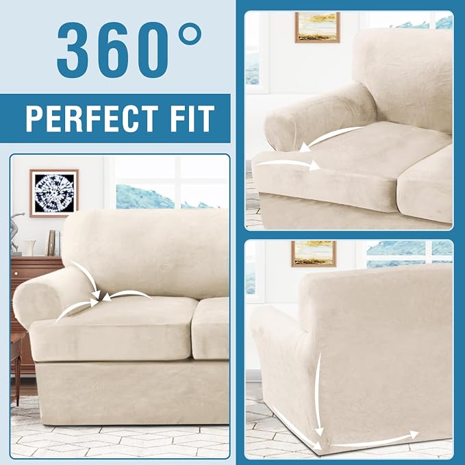 H.VERSAILTEX Sofa Cover 2 Piece T Cushion Armchair Slipcovers Thick Velvet Couch Cover Furniture Protector Stretch T Cushion Sofa Covers for 1 Cushion Couch with 1 Individual T Cushion Covers, Ivory