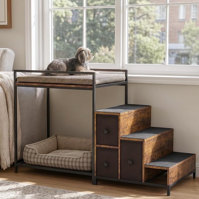 LEMBERI Pet Bunk Bed with Stairs and Storage, Dogs/Cats Window Perch, Bedside Lounge Elevated Dog Bed Multi-Level Platform with Foam Upholstery (Brown)