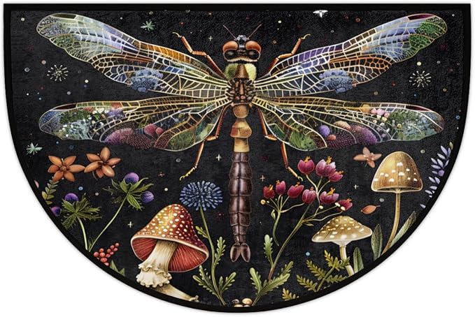 Dragonfly Flower Mushroom Half Round Door Mat, Non-Slip Entrance Welcome Mat for Indoor Semi Circle Bathroom Floor Rugs Outdoor Mats House Entry Way Heavy Duty Doormat for Kitchen Living Room 36x24 In