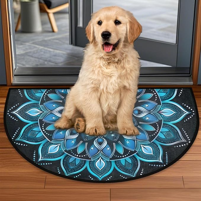 cfpolar Half Round Door Mat Ethnic Mandala Blue Floral Non-Slip Semi Circle Area Rug Washable Half Moon Hearth Rugs for Indoor Outdoor Bathroom Kitchen Patio Runner Mat Laundry Room Home Decoration