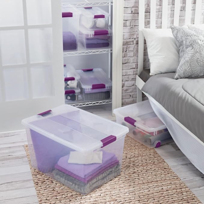 Sterilite 66 Qt ClearView Latch Storage Box, Stackable Bin with Latching Lid, Organize Clothes, Blankets, Items in Closet, Clear Base and Lid, 24-Pack | Clear Plastic Organizers with Color Accent Latches for Closet, Bedroom, Shelving Units, Dorm Room a...