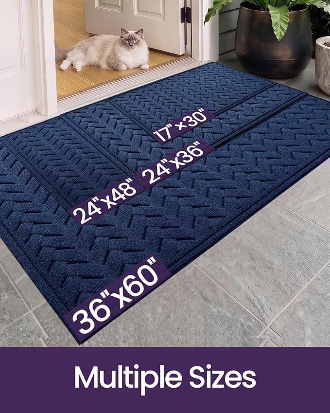 DEXI Front Door Mat Outside Entrance, 17x30 Heavy Duty Entry Doormat Dirt Trapper with Rubber Back, Non Slip Low Profile Floor Mats for Entryway Exterior Patio, Wave Navy