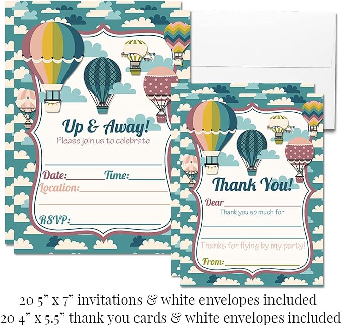 Amanda Creation Deluxe Up & Away Hot Air Balloon Birthday Party Bundle Includes 20 Invitations & Thank You Cards & Envelopes + 2 Sizes of Stickers,& Water Bottle Labels!