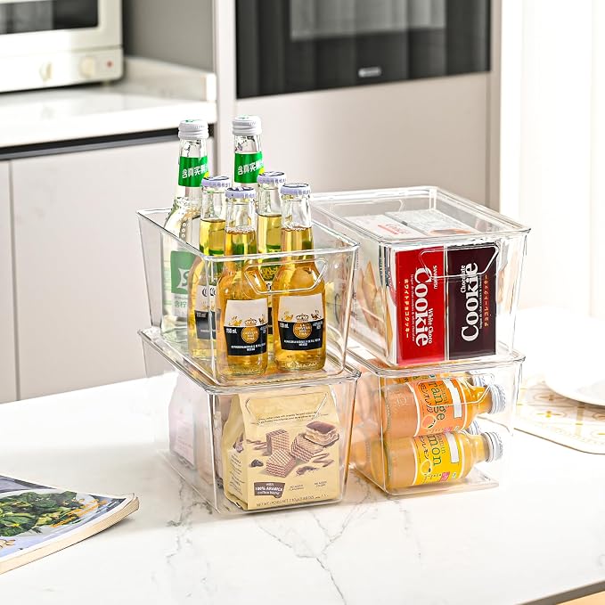 Freebat 12 Pack clear storage bins with lids, Middle pantry organizer bins | stackable Plastic Storage Containers, pantry Organization for Office, Bedroom, cabinet, Fridge,Kitchen Organization