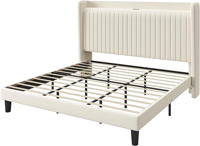 SHA CERLIN King Size Velvet Bed Frame with Shelf, Charging Station, Cream | Wingback Storage Headboard, Upholstered Platform Bed, Wooden Slats Support, No Box Spring Needed, Easy Assembly, Noise Free