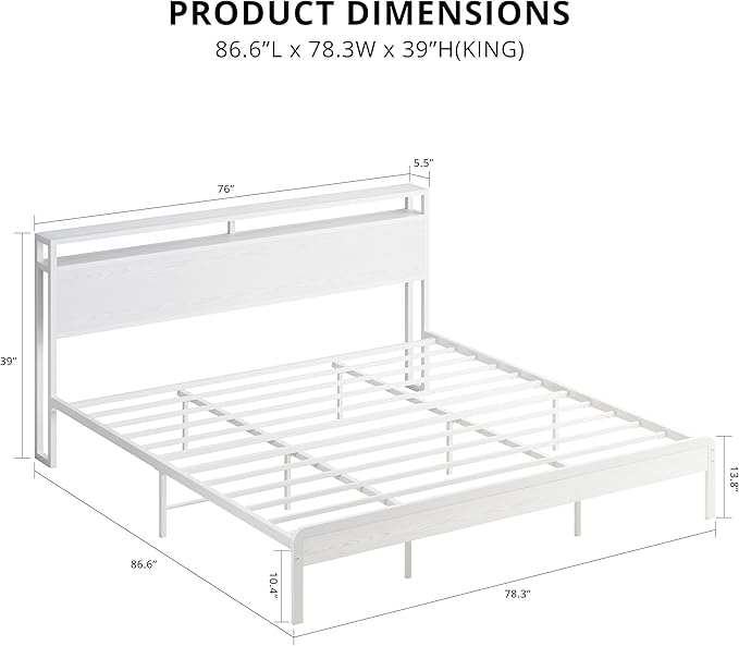 LIKIMIO King Size Bed Frame with 2-Tier Storage Shelf Headboard | Wood Platform Bed, Camas King with Strong Metal Supports, Sturdy, Noise-Free, No Box Spring Needed, White