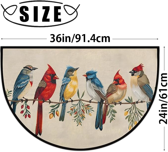Bird Half Round Doormat Non-Slip Semi Circle Rug Half Moon Mat | Color Retro Bird Washable Soft Absorbent Indoor Outdoor Entrance Kitchen Bathroom Sink Patio Welcome Fireplace Floor Rug