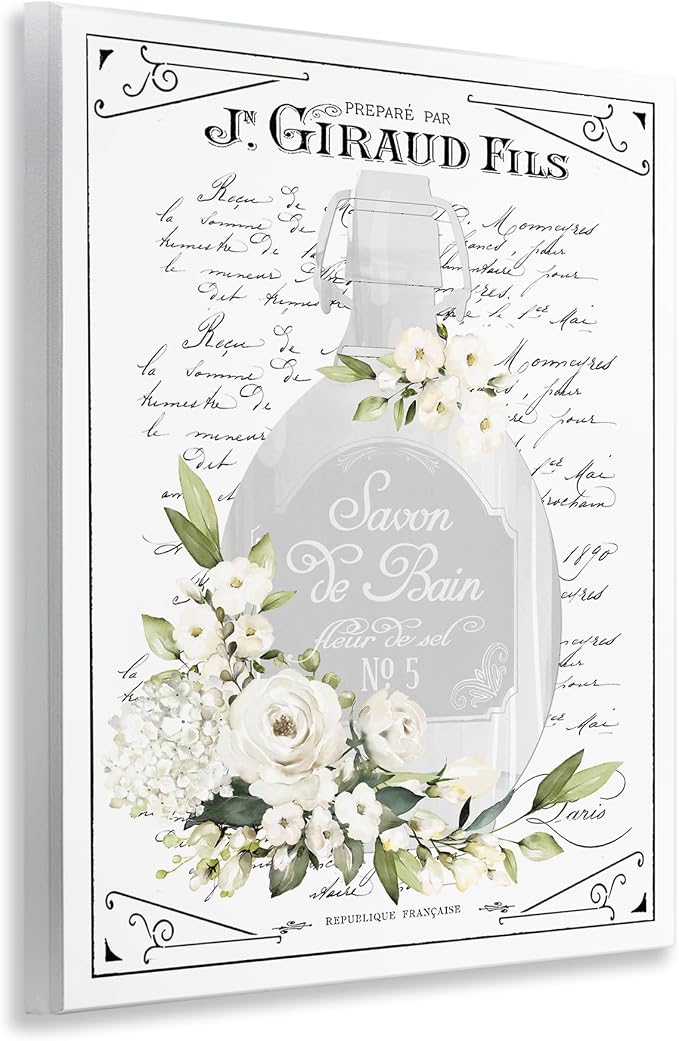 French White Bath Soap Floral, 11 x 14 Inch Mounted Print on Wall Plaque | Stupell Industries · By Lettered and Lined · Ready to hang · Elegant bath and laundry decor · Made in USA