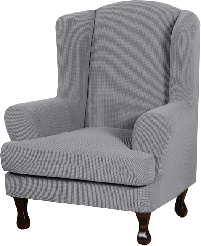 H.VERSAILTEX 2 Piece Stretch Jacquard Wingback Chair Covers Slipcovers Wing Chair Covers (Base Cover Plus Seat Cushion Cover) Furniture Covers for Wingback Chairs, Form Fitted Thick Soft, Dove