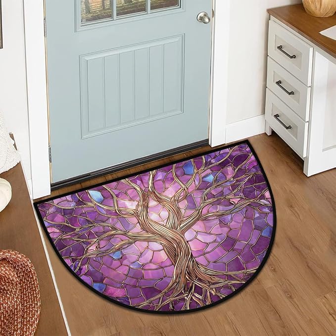 Tree Half Round Door Mat Semi Circle Rug Half Moon Doormat | Soft Washable Mandala Purple Welcome Entrance Mat for Outdoor Indoor Floor Bedroom Bathroom Home Kitchen Festival Decor
