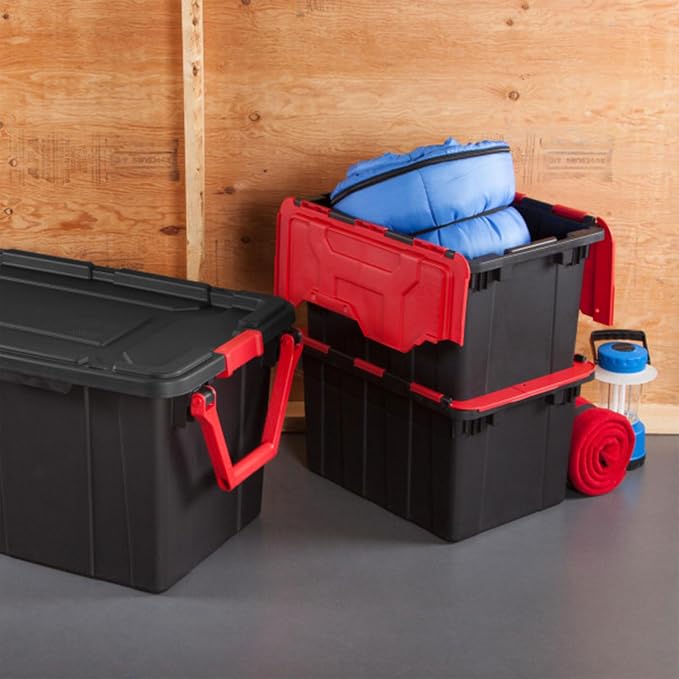 Sterilite 12 Gal Hinged Lid Industrial Tote, Stackable Storage Bin with Hinge Lid, Plastic Container to Organize Basement, Black with Red Lid, 6-Pack | Heavy-Duty and Stackable Utility Box Containers for Home, Office, and Basement Organization, Black/Red